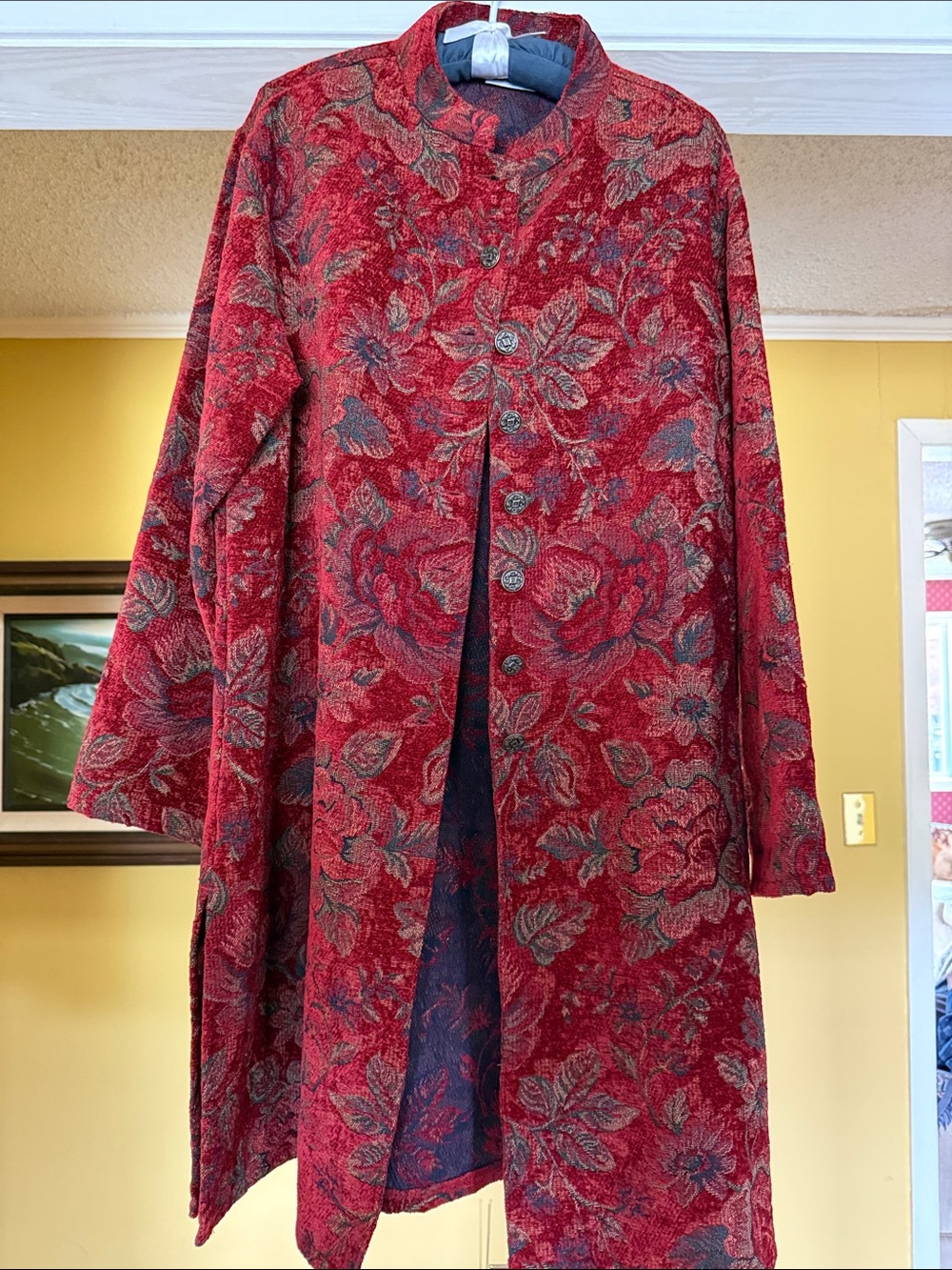 Chicos Women's Red Floral Jacquard Long Coat size 3 or XL
